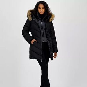 MICHAEL Michael Kors Black Puffer Coat with Faux Fur Trim